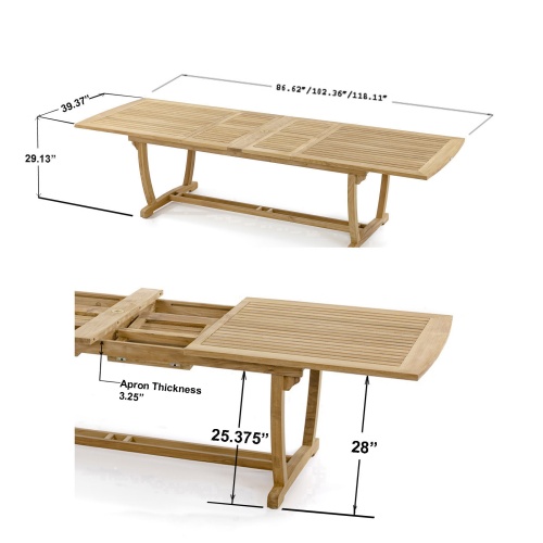 15585 Veranda Rectangular Dining Table showing autocad of extended and collapsed on white background