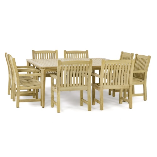 70878 Veranda 9 piece Square teak Dining Set with optional canvas colored seat cushions on wood deck with planters of landscape plants and house in background