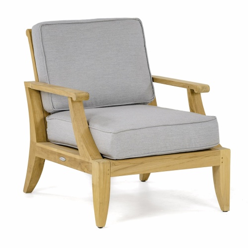 12152DP Laguna Teak Lounge Chair with custom natte grey cushions right angled on white background