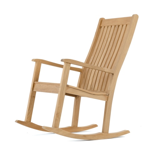 12223 two veranda teak rocking chair front view on brick porch with railing plants and trees in background