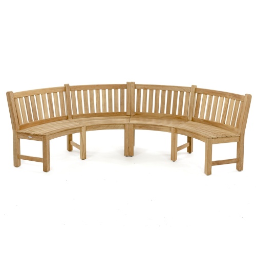 13852 Buckingham 6 foot Teak Bench Set of 4 together forming a semi circle with optional canvas colored cushions on white background