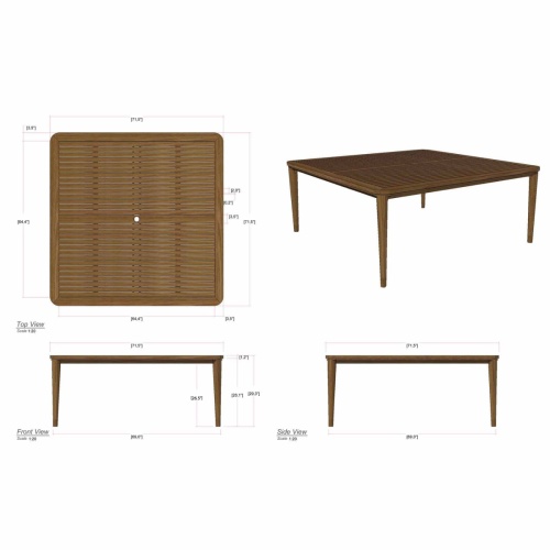 15075 Veranda teak Square Dining Set on wood deck with optional seat cushions and a building and shrubs in background
