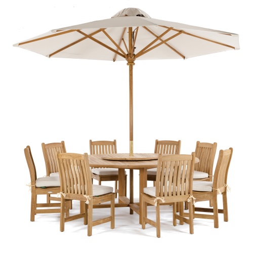 70020 9 piece Buckingham Veranda Teak Dining Set with optional 10 foot round umbrella on white background