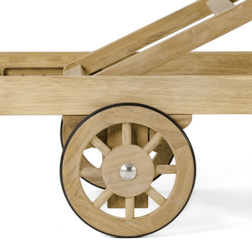 16512s Somerset teak Chaise Lounger frame closeup view of rubberized wheel and reclining mechanism on white background