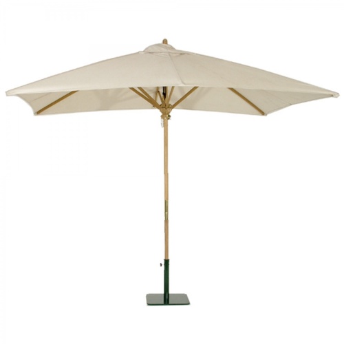 17640F Grand 10 feet Rectangular teak Umbrella with white canvas canopy extended showing the underside of the umbrella canopy and shaft and stretchers with staircase in background