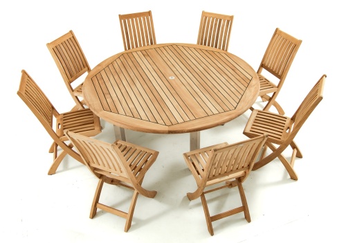 25015 Vogue teak and stainless steel 6 foot Round Table with Vogue Teak Barbuda Dining Set for 8 overhead view on white background