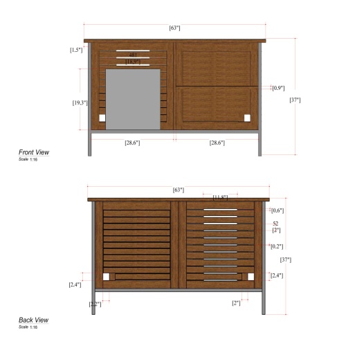 28226 Vogue Teak and Stainless Steel Beverage Console showing autocad of front and back view showing space for a beverage refrigerator on white background