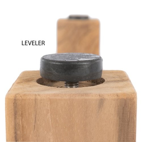 70083 Somerset teak round bar table bottom leg showing leveler on white background