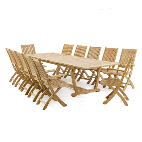 70095 Barbuda Teak 13 pc Patio Set with a 10 foot rectangular extension table end angled and 12 folding reclining armchairs on white background