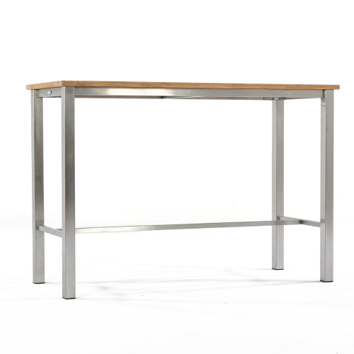25314 Vogue stainless steel and teak 5 foot long bar table angled view on white background