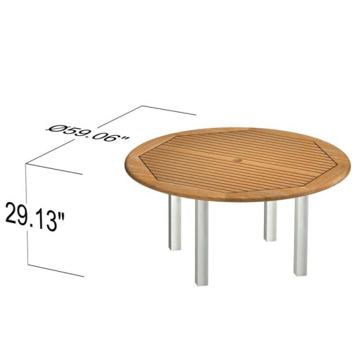 25014 Vogue teak and stainless steel 60 inch diameter round table showing autocad in angled top view on white background