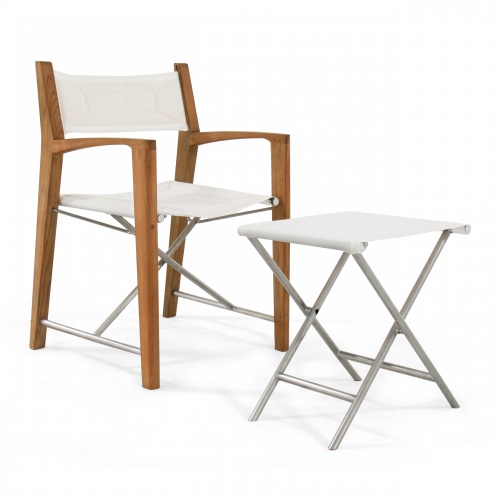 12915F Odyssey Teak and Stainless Steel Director Chair with optional folding ottoman angled right front view on white background