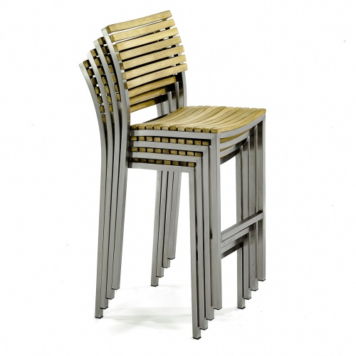 21510 Vogue Teak and Stainless Steel Bar Stool stacked 4 high side view on a white background