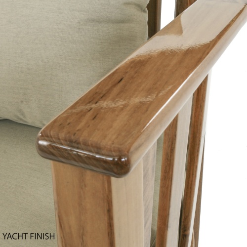 12170DP Kafelonia teak Barrel Chair with cushions showing marine gloss finish of arm rest and partial side view on white background