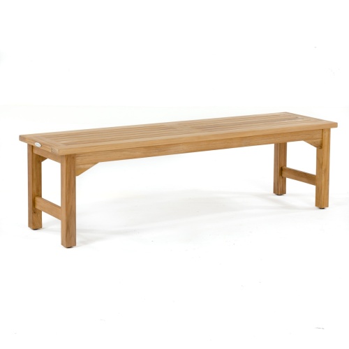 13929 Veranda teak 5 foot long Backless Bench angled view with optional canvas color cushion on white background
