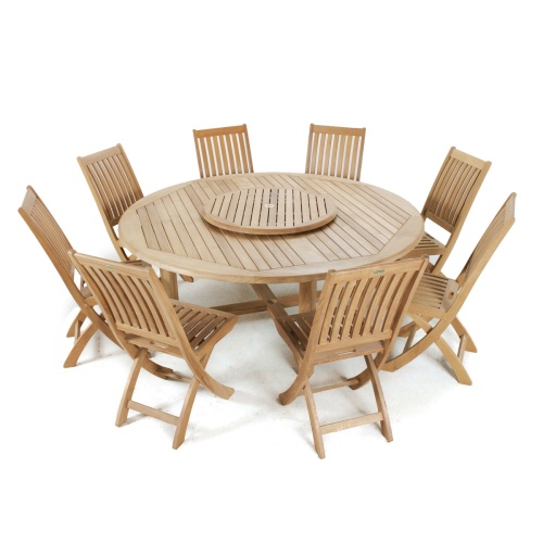 70018 Buckingham 9 piece Teak Dining Set with optional teak lazy susan in umbrella hole angled on white background