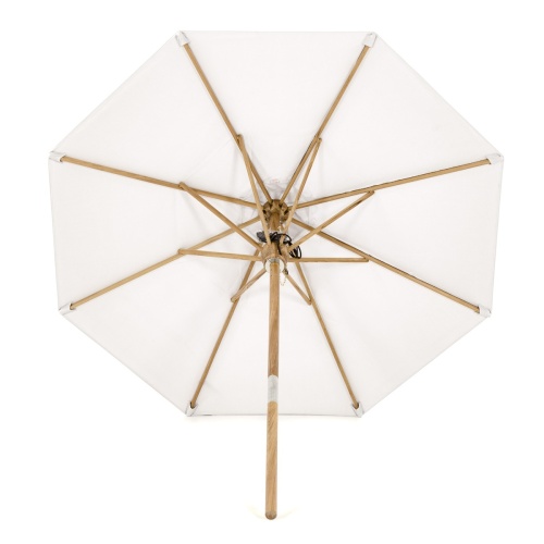 17540F Somerset 8 ft Round Umbrella showing extended teak arms stretchers and shaft and ferrule 