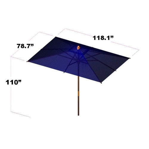 17640F Grand 10 feet Rectangular teak Umbrella with white canvas canopy extended showing closeup of the underside of the umbrella canopy and shaft and stretchers 