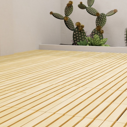 18490 Callebotise Teak Floor Tiles on an outdoor patio in an angled view with a planter with cactus and succulent plants in the background