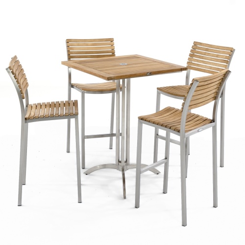 25313 Vogue Square 30 inch square bar table with 4 teak and stainless steel end barstools set around table on white background