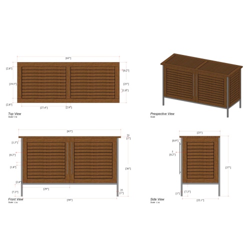 28226 Vogue Teak and Stainless Steel Beverage Console showing autocad of front and side and top and perspective views on white background