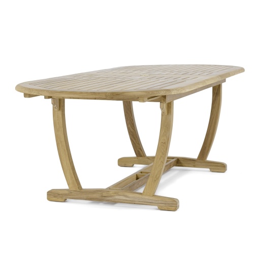 15504 Montserrat Teak Oval Table angled end view on white background