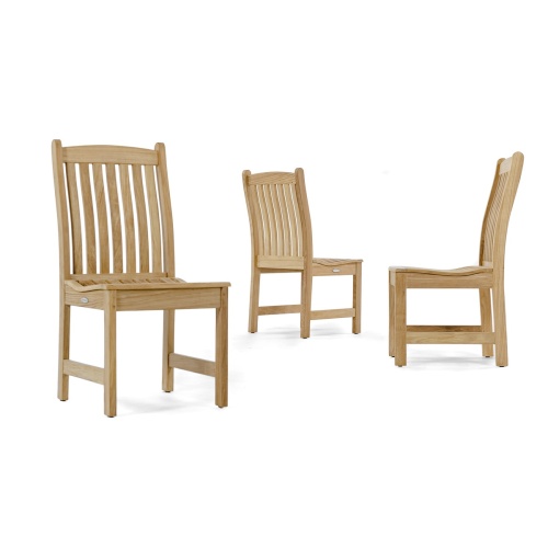 11315 Veranda Teak Dining Chair showing 3 chairs in front view side view and back view on white background