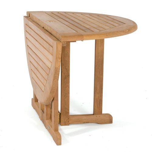 70036 Barbuda teak 48 inch diameter round folding table with one leaf folded on white background