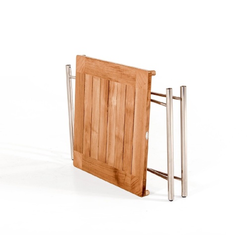 70460 Odyssey teak and stainless steel square folding table folded flat for storage side angled view on white background 