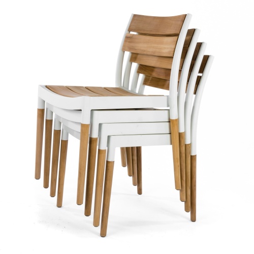70556 Bloom teak and powder coated aluminum side chair stacked 4 high side angled view on white background