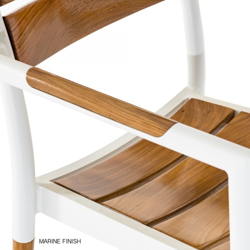 70592 Bloom teak and powder coated aluminum dining chair closeup view of chair seat and armrest angled on white background