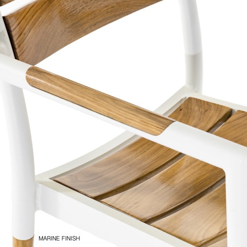 70750 Bloom teak and white powder coated aluminum dining armchair with Marine Gloss Finish showing closeup of seat and armrest and chair back on white background
