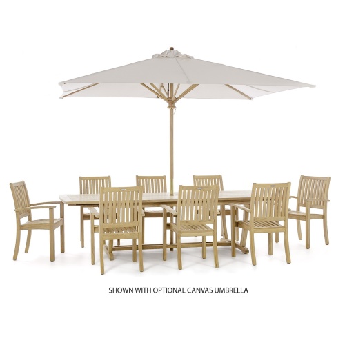 70759 Sussex Veranda nine piece teak patio dining set side view with optional open rectangular market umbrella in table center on white background