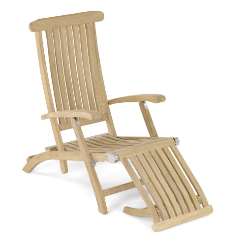 16411s Barbuda Captain Steamer teak frame angled with footrest down on white background