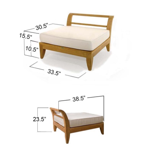 16766DP Aman Dais End Sectional with canvas colored cushion showing autocad of front and back angled view on a white background