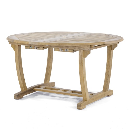 15548 Martinique teak extension Oval Dining Table in closed position showing angled side view on white background