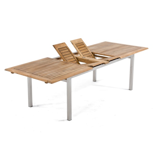 70055 Vogue teak and stainless steel rectangle dining table angled showing double butterfly leaf extensions on white background