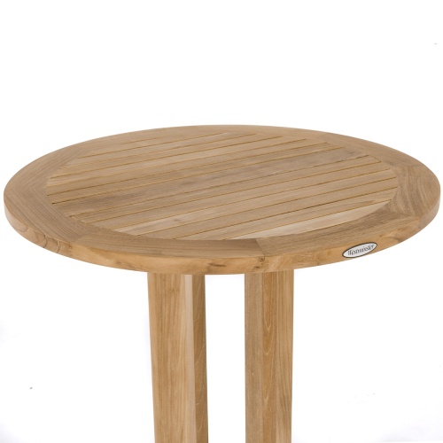 70249 Somerset round teak bar table closeup side view on white background