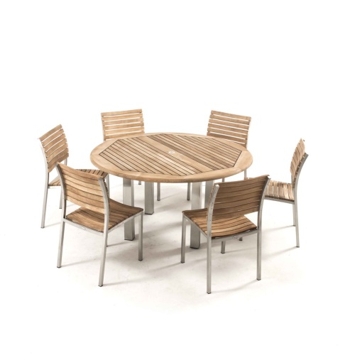 25015 Vogue teak and stainless steel 6 foot Round Table angled top view on white background