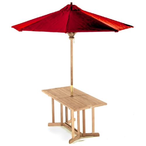 15663S Nevis Drop Leaf Teak Table in angled view with optional open round umbrella in table on white background