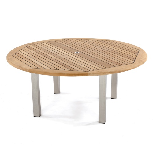 25015 Vogue teak and stainless steel 6 foot diameter Round Dining Table angled on white background