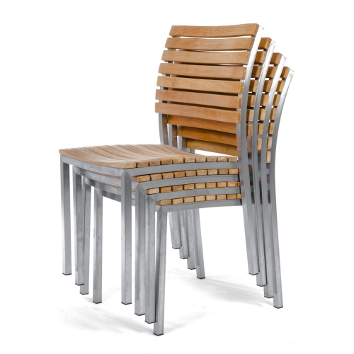 21007 Vogue Teak and 304 Stainless Steel Side Chair in left side view stacked 4 high on white background