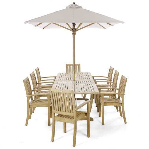 70759 Sussex Veranda nine piece teak patio dining set in end view with optional open market umbrella opened in table center on white background