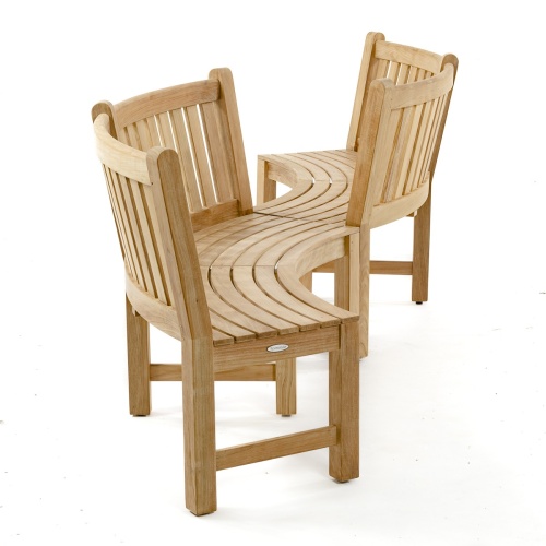 70862 Buckingham teak 6ft curved bench set of two in S configuration end view on white background