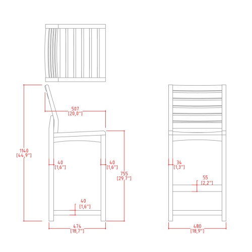 11812 Somerset Side Barstool showing autocad of back and side and seat view on white background