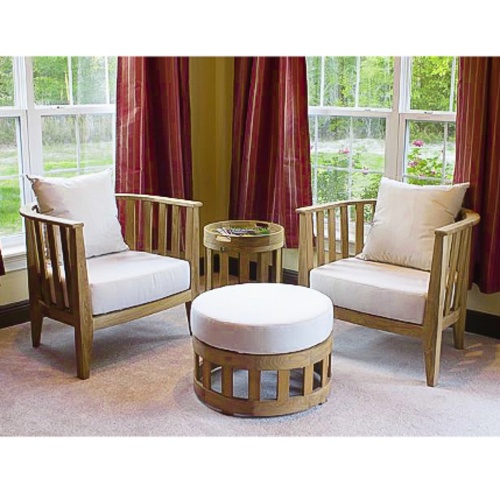 12170DP Kafelonia teak Barrel Chair and ottoman with cushions showing 2 Kafelonia Barrel Chairs front view on carpet in front of drapes and outdoor view in background 