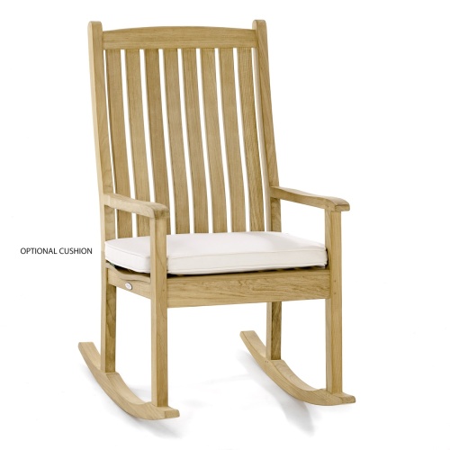 12223 Veranda Teak Rocking Chair angled front view with optional seat cushion and neck roll on white background