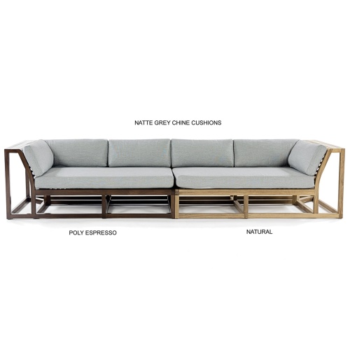 13801DP Maya Left Side and Right Side Sectional Set in Natte Grey Chine cushions with 1 showing natural finish and the right side showing poly expresso finish front view on white background