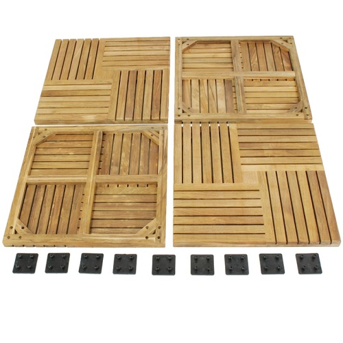 18412 parquet teak tiles one carton together in square measuring nine square feet with connectors shown at bottom on white background