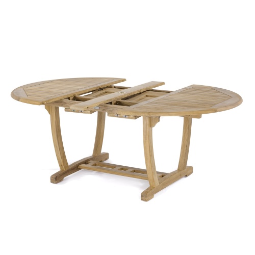 15548 Martinique teak extension Oval Dining Table in closed position showing angled side view on white background